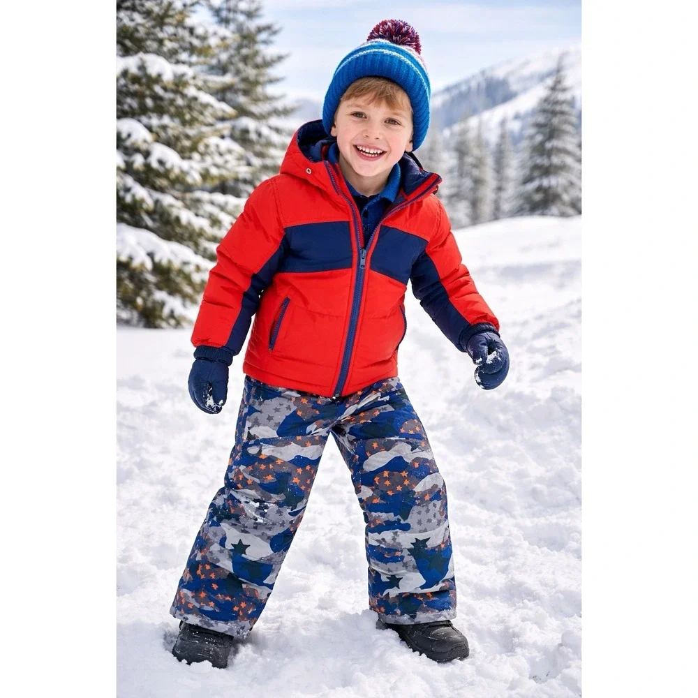 Boden Kids Snow Pants Star Camo Blue Gray Orange Size 3–4Y Waterproof NWT